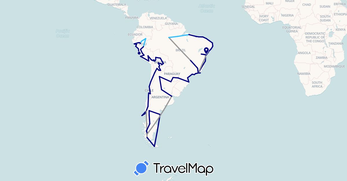 TravelMap itinerary: driving, plane, boat in Argentina, Bolivia, Brazil, Chile, Peru, Paraguay (South America)